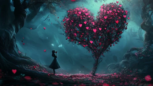 Silhouette Figure Before Oversized Heart Tree Fantasy.