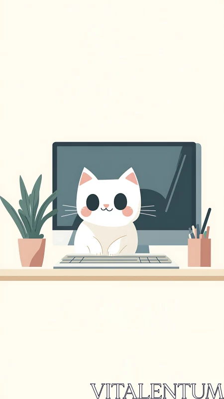 Cute Cat Working at Desk with Computer Setup.