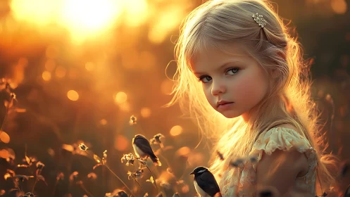 Child figure in sunlit field with botanical elements.