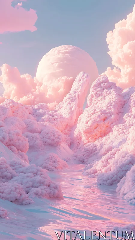Volumetric pink cloud terrain with reflective liquid channel under orb