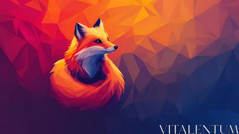 Vibrant low poly fox rests against a glowing sunset gradient