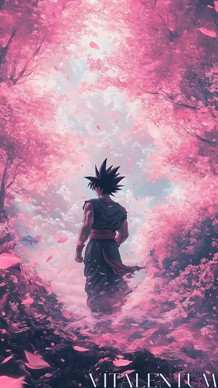 Solitary warrior beneath luminous cherry blossom canopy.