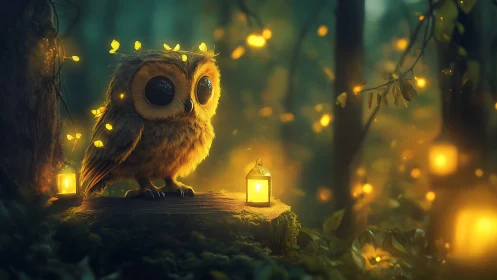 Firefly-crowned owl guarding lanterns in a dreamlit forest.