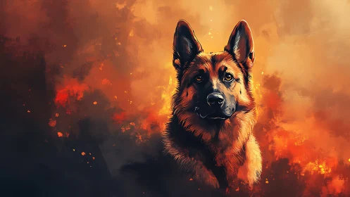 Emberlit shepherd stands guard in a storm of painted fire.
