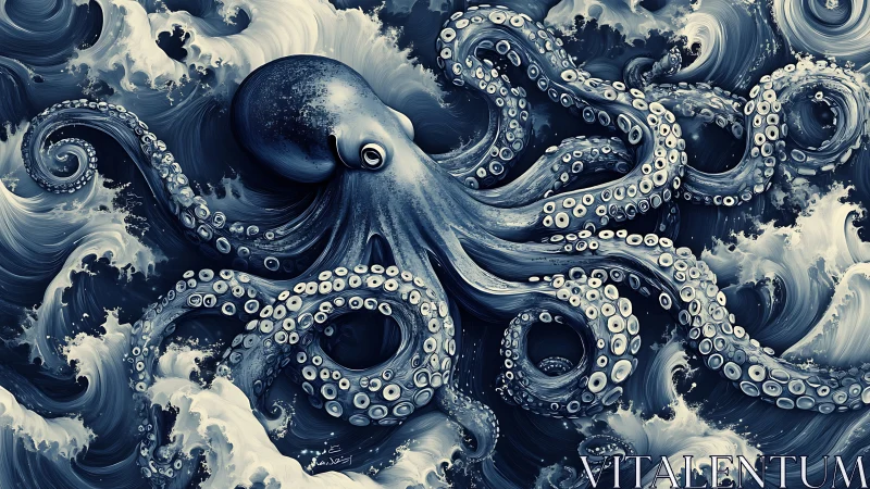 Giant blue octopus twists through stormy monochrome sea
