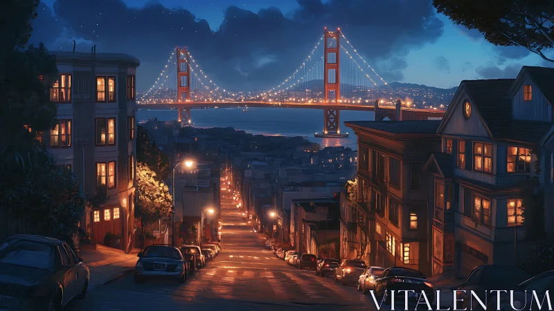 Steep city street facing lit suspension bridge at night.