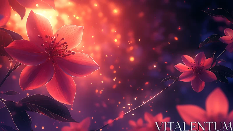 Glowing red flowers against soft purple bokeh light background.