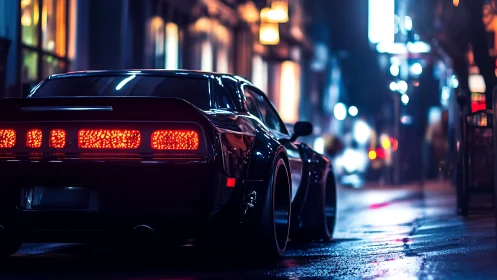 Retro muscle car glows under neon city night rain.