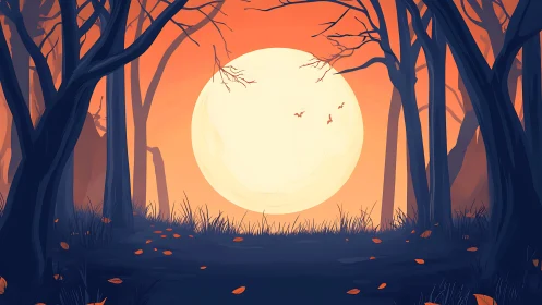 Autumn Forest Moonrise with Luminous Orb and Bare Trees