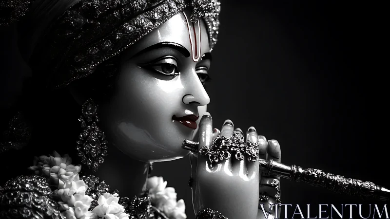 Monochrome devotional sculpture portrait with ornate flute details.