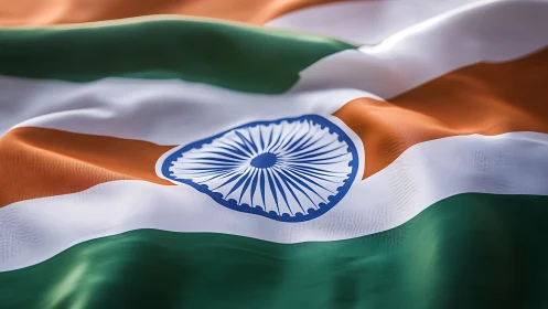 Indian national flag with Ashoka Chakra on rippling fabric.