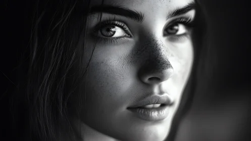 Monochrome close-up portrait with freckled skin detail.