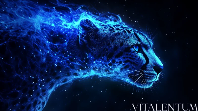 Luminescent feline rendered with bioluminescent particle effects and stellar backdrop
