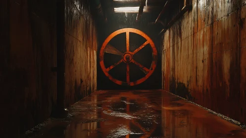 Corroded industrial sluice tunnel with large orange valve wheel
