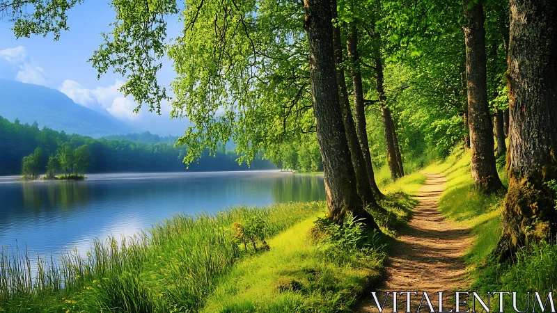 Forest path running beside calm blue lake in summer light.