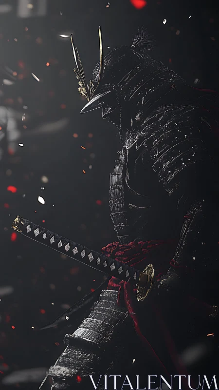 Shadowed samurai sentinel in ember-streaked battle hush.