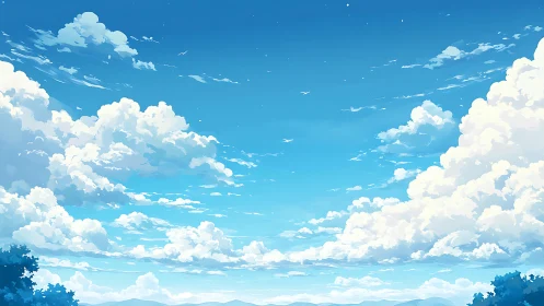Digital illustration shows cumulus cloud formations in blue sky