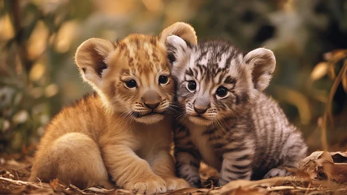 Striped Siblings: Two Young Big Cats Strike Adorable Poses Together.