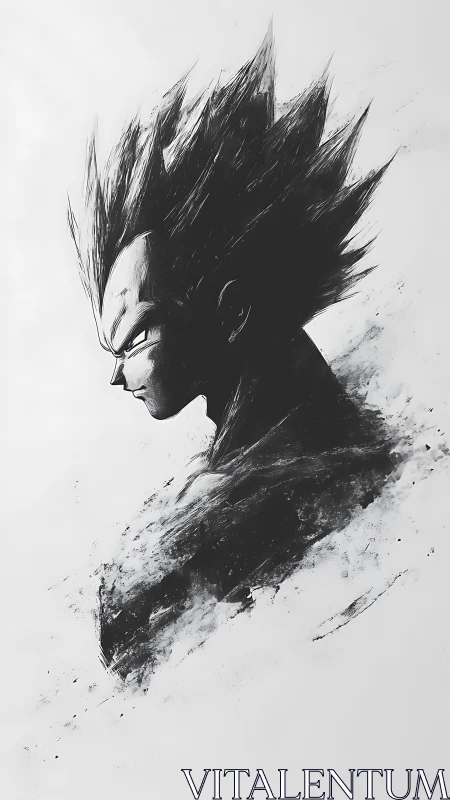 Monochrome ink portrait of spiked hair anime warrior profile