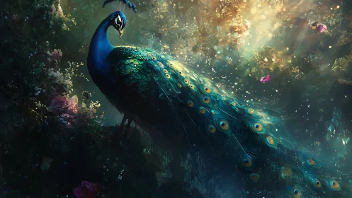 Moonlit peacock stitches galaxies into its jeweled tail