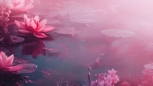 Pink Water Lilies Floating in Ethereal Mist.