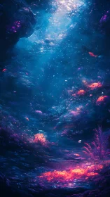 Luminous undersea canyon with radiant neon corals glowing.