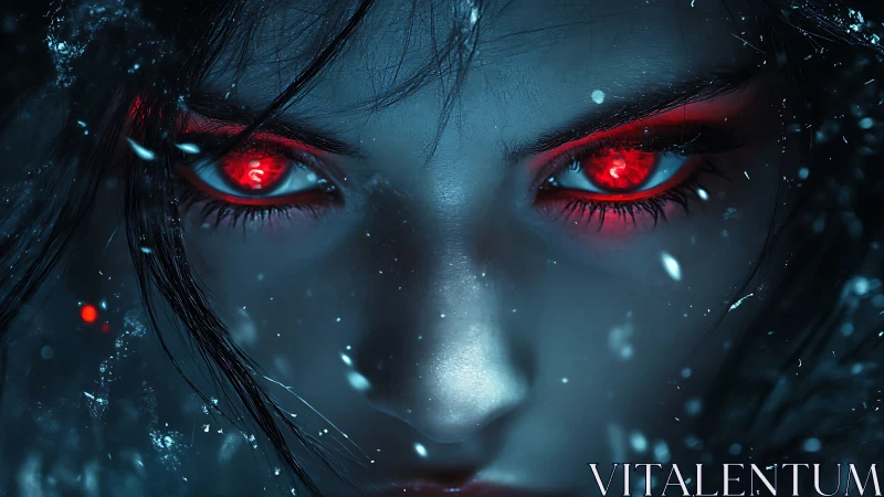 Digital painting close-up portrait with infernal red eyes.