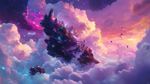 Floating crystal citadel drifts above luminous sunset clouds