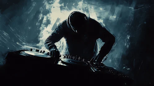 Silhouetted DJ mixing at dual decks in dynamic teal light