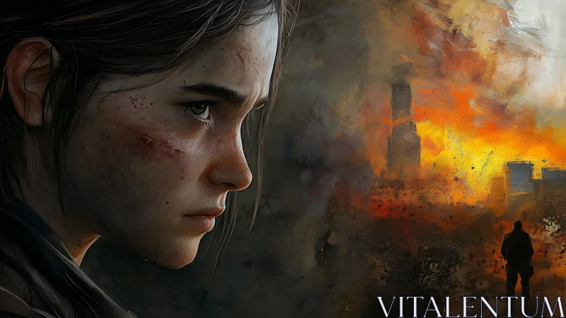 Young survivor watching a burning city on the horizon.