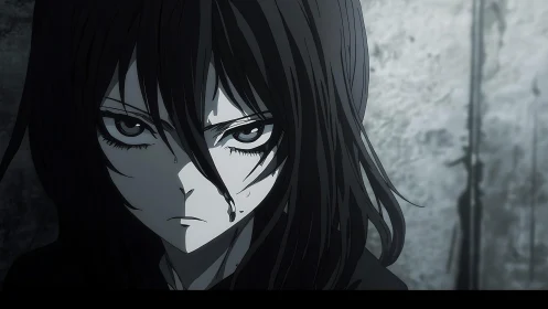 Storm-eyed anime loner holding quiet courage in grayscale.