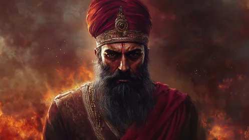 Regal warrior in crimson turban amid glowing embers.