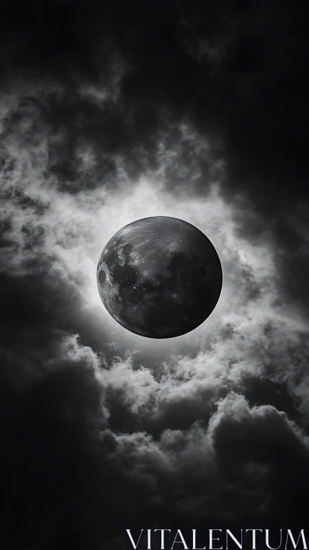 Luminous moon hangs in stormy monochrome night sky clouds