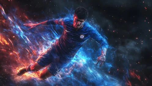 Storm-forged footballer dives through fire and starlit ice.