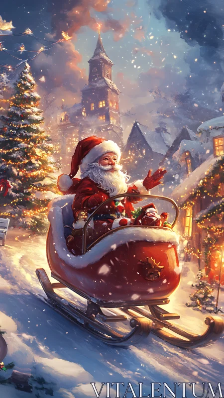 Santa in red sleigh gliding through luminous snowy village.