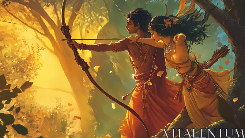 Romantic archer duo in luminous forest digital painting.