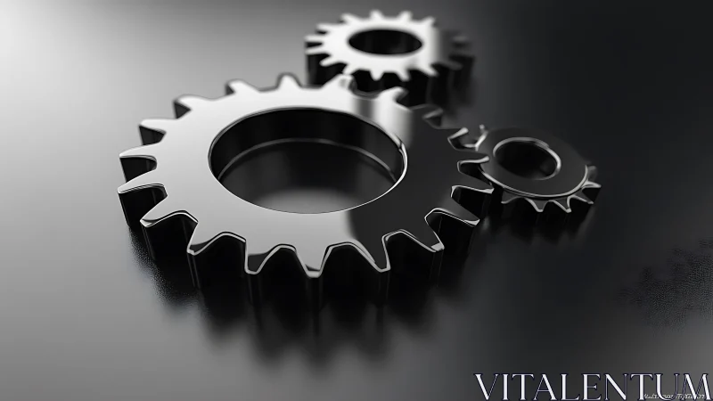 Polished metallic gears on reflective dark surface.