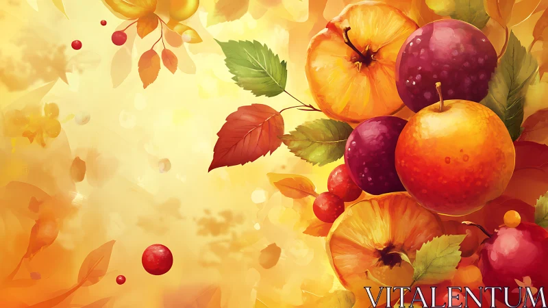 Warm autumn fruit and leaves illustration on yellow backdrop.
