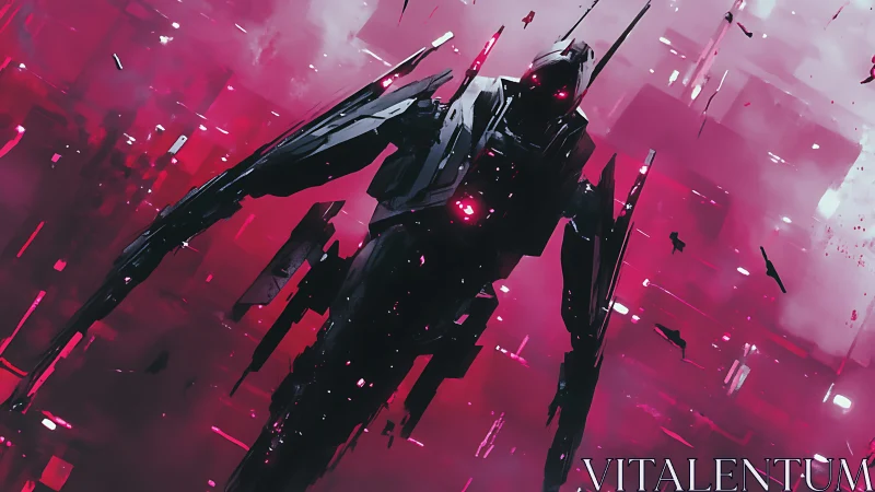 Angular mech silhouette advances through luminous magenta digital void