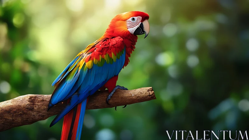 Vibrant Scarlet Macaw on Tree Branch, Nature Photography Style.