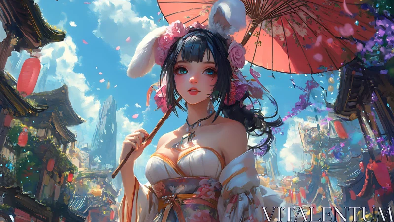 Fantasy street scene with parasol girl in rabbit headdress.