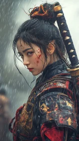 Young samurai in the rain, gaze sharp with quiet resolve.