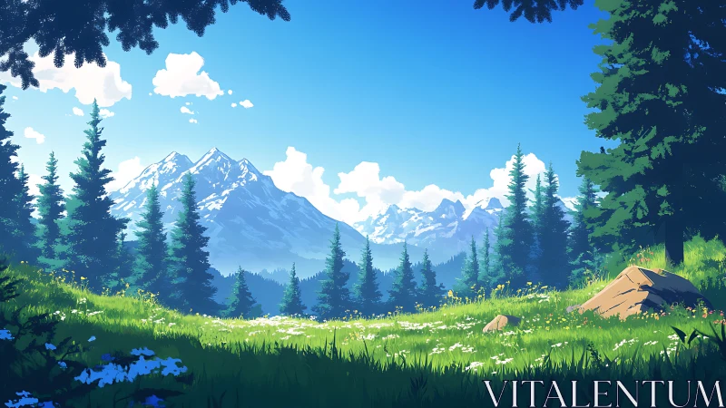 Sunlit mountain meadow opens onto peaceful alpine forest