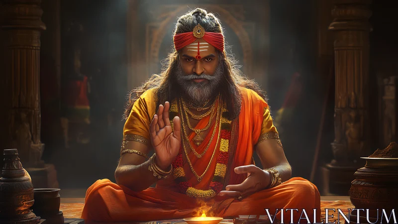 Guru in saffron robes performs ritual beside sacred fire