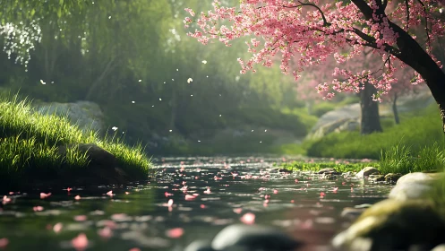 Whispering cherry creek under soft green morning hush.