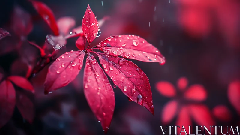 Macro study of red leaves with raindrops and shallow depth of field
