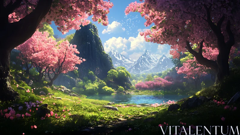 High-dynamic-range cherry blossom valley encircling alpine lake