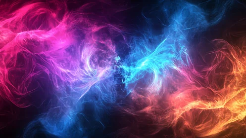 Tri-color flowing energy wisps on dark digital background.