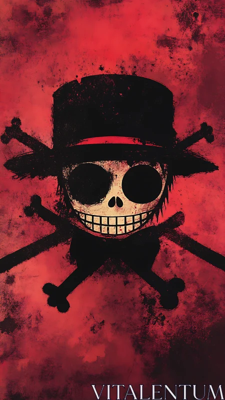 Grunge-styled skull emblem with hat and crossed bones motif.