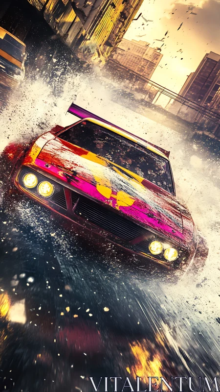 Dynamic muscle car drift with high-speed splash and motion blur